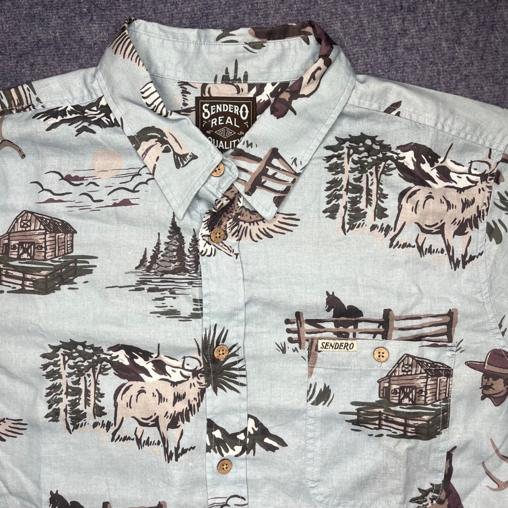Sendero Provisions Co Sky Grande Print Western Print Hemp Blend Mens Large Blue